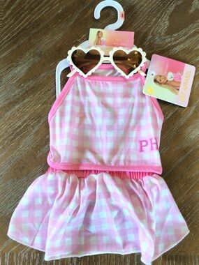 Paris Hilton 3pc Pet Outfit XS Pink Gingham Dress Tank Skirt + Sunglasses Set
